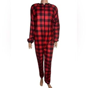 Buffalo Plaid Fleece Pajama Jumpsuit One Piece Red Black Lounge women’s medium